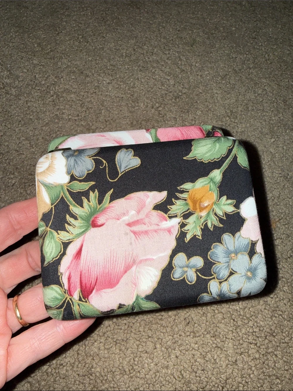 Floral Jewelry Organizer Box with Mirror - Cream Interior, Gold Trim